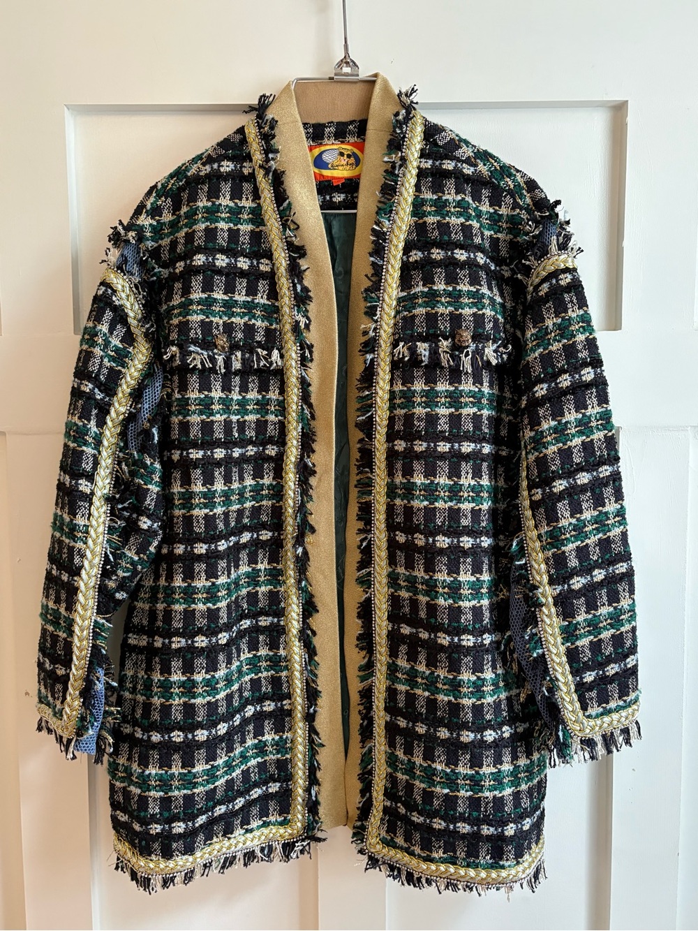 Fiona Chen Fringed Tweed Open Cardigan Jacket - Black, Green, Cream - Picture 9 of 11
